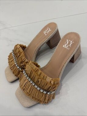 New York & Company Tan Raffia Fringe Block Heel Slide Sandals with Crystal Trim